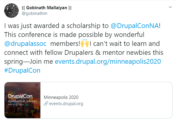Scholarship Recipient's tweet screenshot